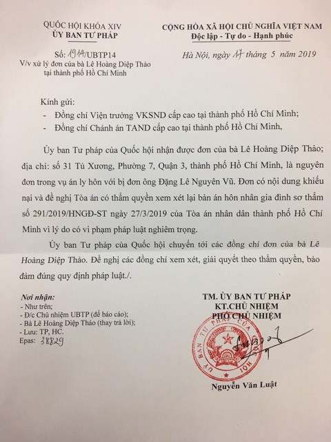 
Văn bản của Ủy ban Tư pháp của Quốc hội gửi Viện trưởng VKSND và Chánh án TAND cấp cao tại TP HCM.
