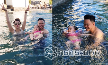 Con gái Trang Nhung thích thú khi lần đầu đi bơi với bố mẹ
