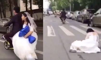 Rước dâu bằng xe đạp, chú rể đánh rơi cô dâu giữa đường