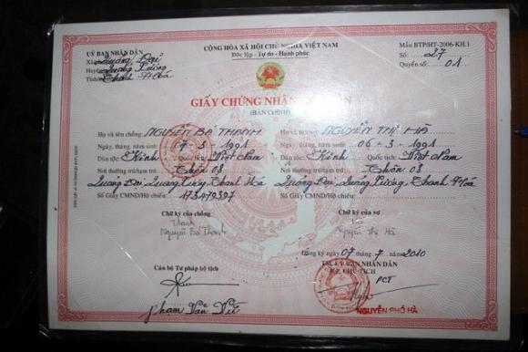 Giấy chứng nhận đăng ký kết hôn của anh Thanh và chị Hà. 