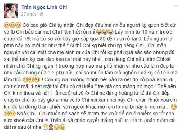 Linh Chi khẳng định mình không phẫu thuật thẩm mỹ 0