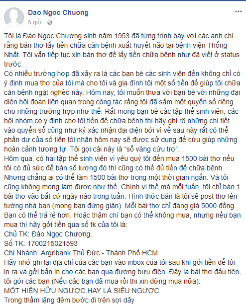 Nhà giáo Đào Ngọc Chương, bán thơ để lấy tiền chữa bệnh, thầy giáo bán thơ để lấy tiền chữa bệnh