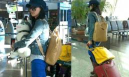 Trương Bá Chi nhí nhảnh ôm khư khư gấu bông tại sân bay