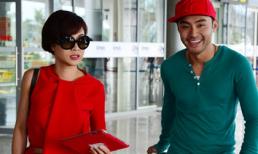 Uyên Linh mặc váy đỏ nổi bật tại sân bay Đà Nẵng