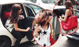 Ngọc Quyên đi xế, xách túi hiệu nổi bần bật mua cà phê