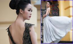 Hoa hậu Áo dài Ngọc Anh khoe dáng kiêu hãnh trước thềm nhà hát