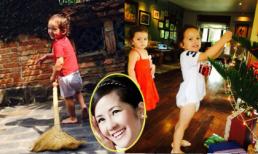 Con trai Hồng Nhung chăm chỉ quét sân giúp mẹ