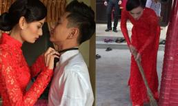 Lê Thúy cầm chổi quét sân trong lễ ăn hỏi giản dị ở quê nhà