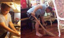 Chồng Thúy Hạnh đảm đang rửa bát, quét nhà