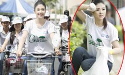 Hoa hậu Ngọc Hân "mướt mồ hôi" đạp xe đạp đi nhặt rác