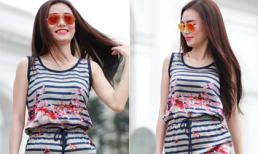 Cao Thùy Linh diện váy hoa kẻ sọc tự tin xuống phố