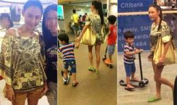 Trương Bá Chi lộ chân gầy tong teo đưa hai con đi mua sắm
