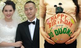 Ngọc Thạch dán chữ lên bụng bầu mừng sinh nhật chồng