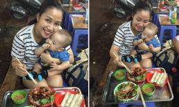 Ốc Thanh Vân bế con trai út ngồi ăn vỉa hè Hà Nội