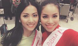Phạm Hương tươi tắn bên Hoa hậu Myanmar ở sân bay Las Vegas
