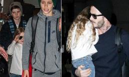 Bé Harper sành điệu đeo kính đen đi cùng bố và các anh trai