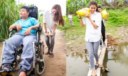 Xúc động hình ảnh Phạm Hương vác gạo, bơm xe đạp cho trẻ khuyết tật