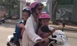 Ca sĩ Hồng Nhung lái xe máy đưa hai con đi học