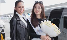 Vừa trở về từ Pháp, Trần Tiểu Vy ở lại sân bay để tiễn Bùi Phương Nga lên đường thi Miss Grand International 2018