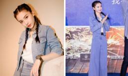 Angelababy chất chơi diện cả cây denim cùng Lý Thần tuyên truyền cho show 'Keep Running'