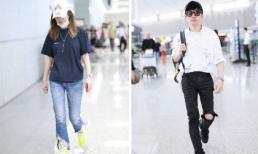 Cặp đôi tri kỷ Triệu Vy và Tô Hữu Bằng gây chú ý khi lên đồ với quần jeans rách ở sân bay