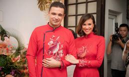 MC Phương Mai diện áo dài đỏ truyền thống rạng rỡ bên bạn trai Tây trong lễ ăn hỏi