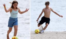 Nhóc tỳ nhà Beckham đá bóng trên bờ biển, Harper cực đáng yêu còn Romeo thể hiện kỹ thuật sút bóng điệu nghệ