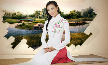 Hoa hậu Ngọc Diễm e ấp trong tà áo dài
