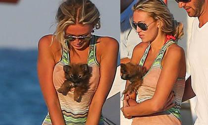 Người đẹp dùng vòng 1 làm "nệm êm" cho thú cưng