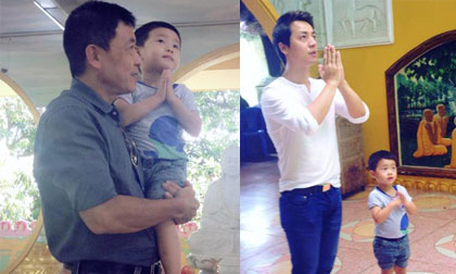 Con Trai Đăng Khôi bé tí đã biết chắp tay khấn nguyện khi đi chùa