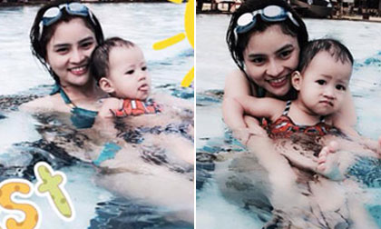 Vũ Thu Phương đưa công chúa nhỏ đi bơi