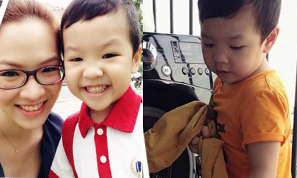 Con trai Đan Lê bé tí đã biết giặt quần áo giúp mẹ