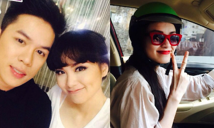 Bà bầu Diễm Hương đi ô tô vẫn đội mũ bảo hiểm 