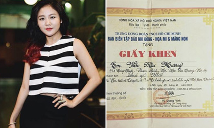 Văn Mai Hương khoe giấy khen giải nhất thi hát thời thơ bé