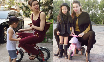 Hết ngồi xe của Subeo, Hà Hồ lại 'tranh' xe 3 bánh của em bé