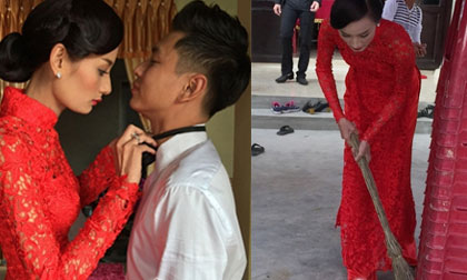 Lê Thúy cầm chổi quét sân trong lễ ăn hỏi giản dị ở quê nhà