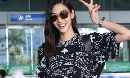 Hoàng Thùy rạng rỡ tại sân bay sau tour lưu diễn London Fashion Week
