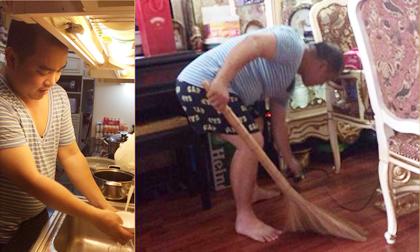 Chồng Thúy Hạnh đảm đang rửa bát, quét nhà