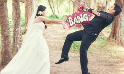 Bật cười cặp đôi chế ảnh cưới: 'Vợ là cục nợ đời anh'