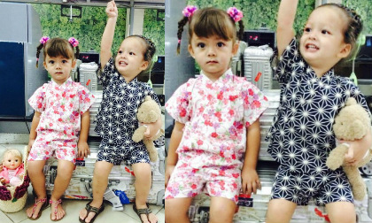 Hai con Hồng Nhung đáng yêu trong trang phục Nhật tại sân bay