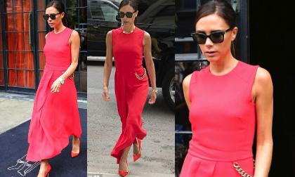 Victoria đổi phong cách nữ tính với váy đỏ thướt tha