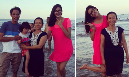 Hoàng Thùy khoe ảnh tạo dáng nhí nhảnh trên biển với bố mẹ