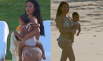 Con gái Kim "siêu vòng ba" lần đầu lộ ảnh mặc bikini trên biển