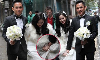 Chú rể Ngọc Thành rạng rỡ nâng váy giúp cô dâu Tâm Tít