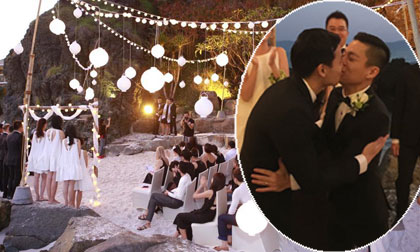 NTK Adrian Anh Tuấn và bạn trai hôn nhau nồng nàn trong lễ cưới đồng tính