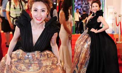 Ngân Khánh vất vả diện váy 'khổng lồ' dự sự kiện trước ngày cưới