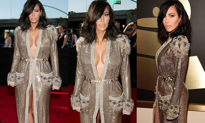 Kim diện váy như áo choàng ngủ trên thảm đỏ Grammy 2015