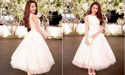 Tường Vy như bị 'nuốt chửng' chân vì váy dài lòe xòe