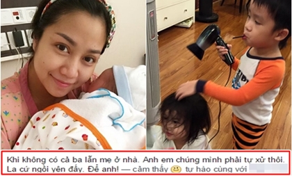 Hai con Ốc Thanh Vân biết tự chăm sóc cho nhau khi mẹ vắng nhà