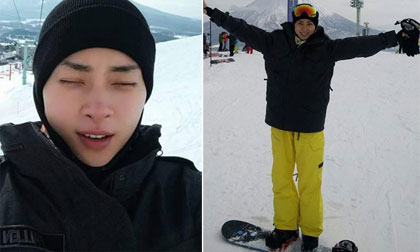 Ngô Thanh Vân thích thú trượt tuyết từ trên đỉnh núi cao